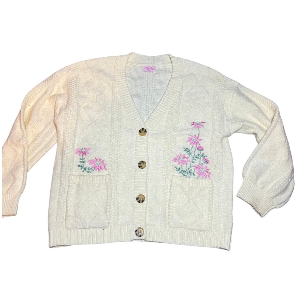 Pink Lily Cream Cable Knit Floral Embroidered Cardigan Sweater Women's L‎